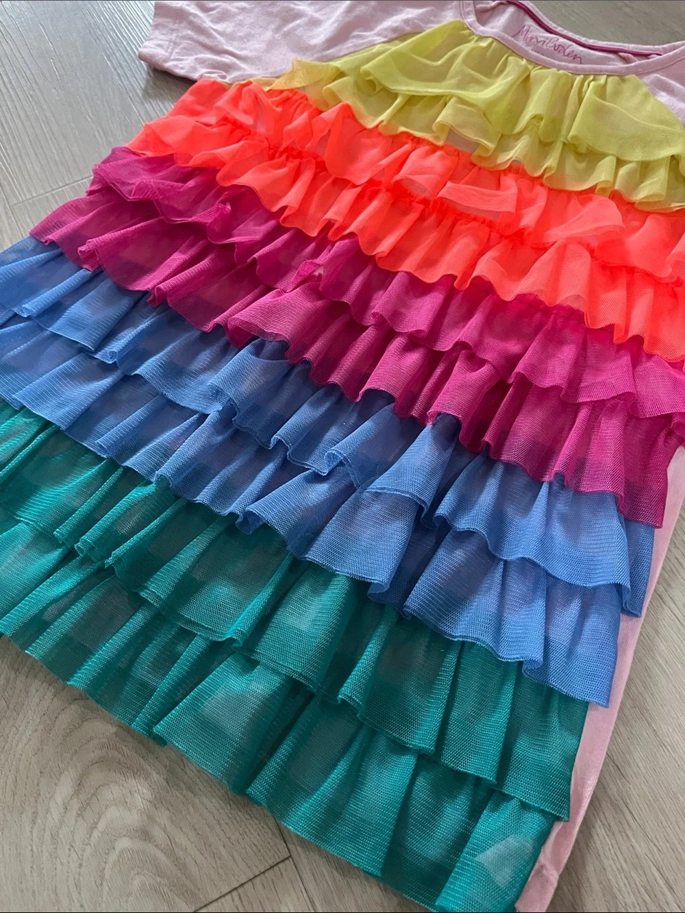 Mini Boden Pink Tee with Rainbow Ruffle Front